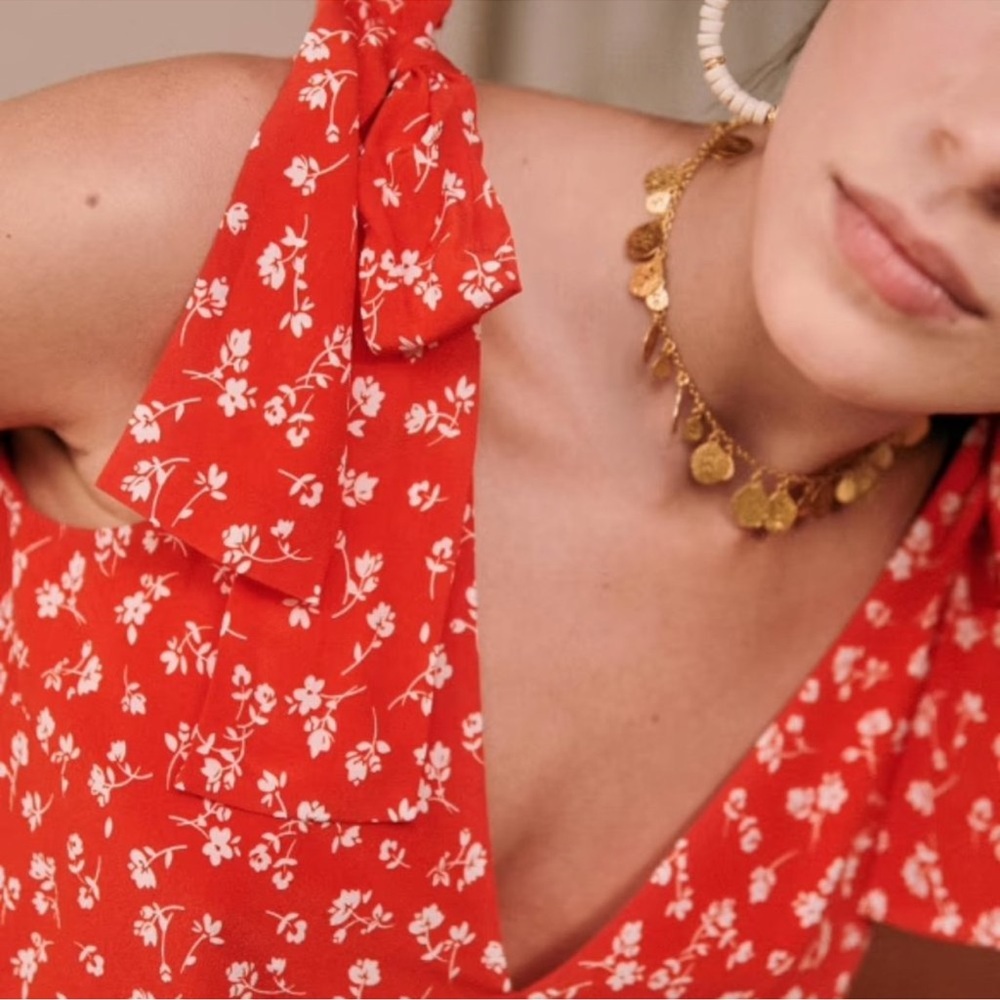 Sezane Lara Red Mini Flowers Floral Tie-Shoulder Blouse size 38/6 EUC - Picture 10 of 11